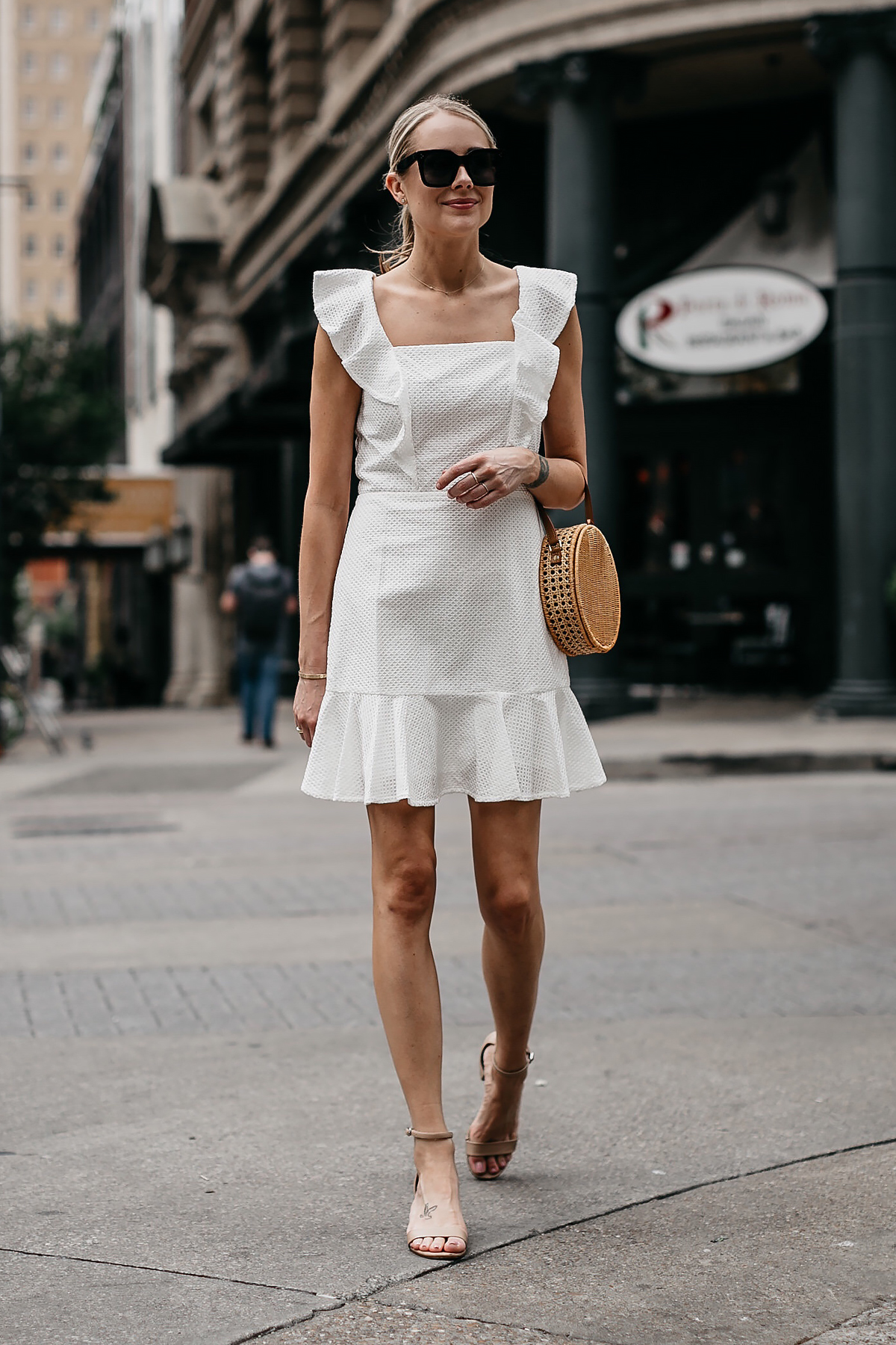 Fashion Jackson Bloomingdales White Eyelet Ruffle Dress Circle Straw Handbag Tan Ankle Strap Sandals Fashion Jackson Dallas Blogger Fashion blogger Street Style