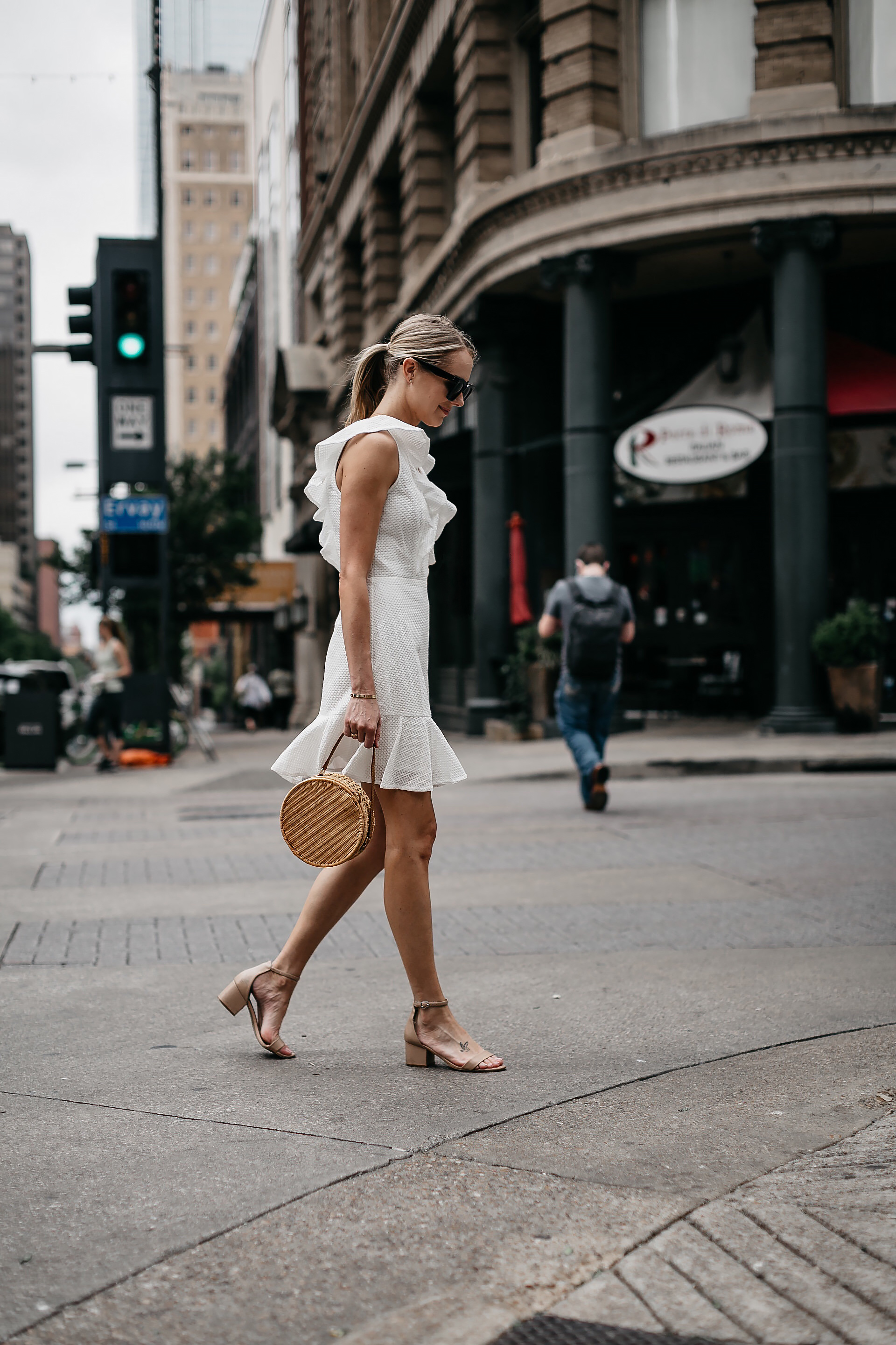 dress, yellow dress, yellow summer dress, mini dress, short dress, summer  dress, summer outfits, sandals, high heel sandals, white sandals, bag, louis  vuitton bag, louis vuitton, necklace, statement necklace - Wheretoget