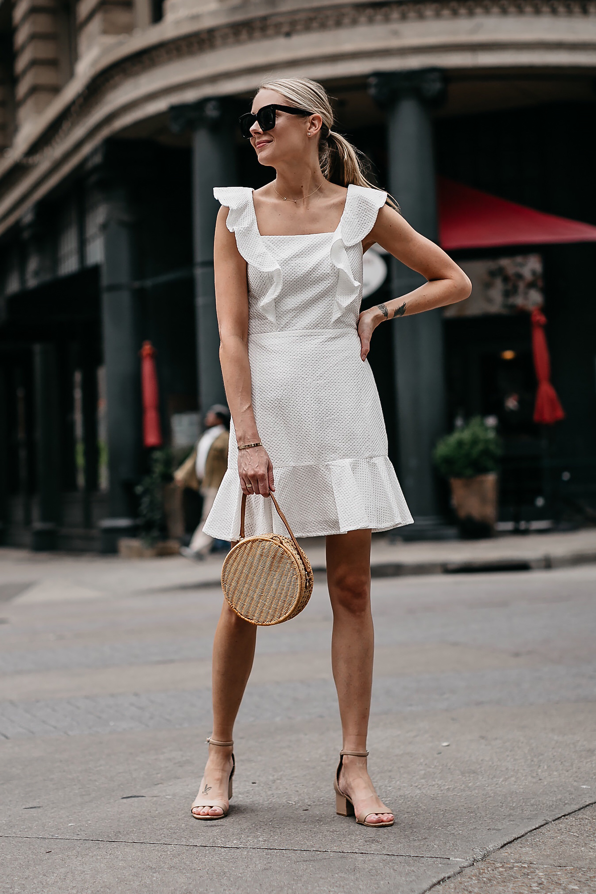 Blonde Woman Wearing Bloomingdales White Eyelet Ruffle Dress Circle Straw Handbag Tan Ankle Strap Sandals Fashion Jackson Dallas Blogger Fashion Blogger Street Style