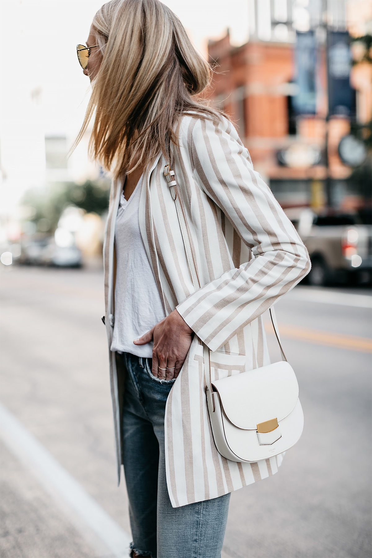Blonde Woman Wearing Tan Striped Blazer White Tshirt Denim Jeans Celine White Trotteur Handbag Fashion Jackson Dallas Blogger Fashion Blogger Street Style