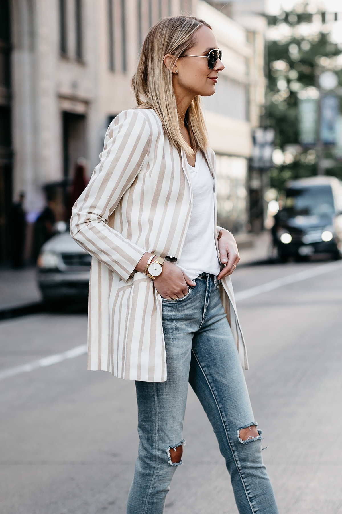 Blonde Woman Wearing Tan Striped Blazer White Tshirt Denim Ripped Jeans Celine Aviator Sunglasses Fashion Jackson Dallas Blogger Fashion Blogger Street Style