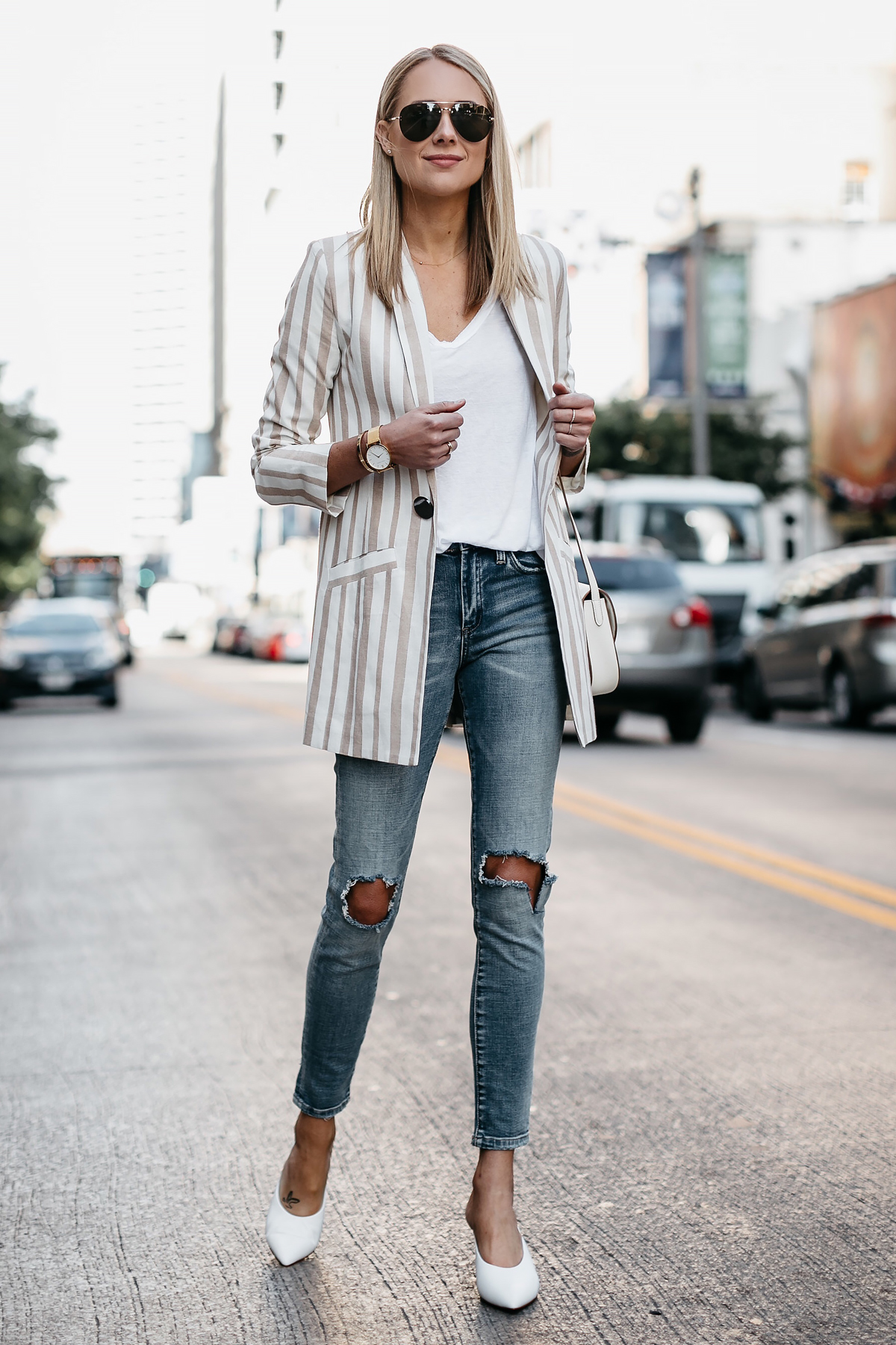 Blonde Woman Wearing Tan Striped Blazer White Tshirt Denim Ripped Jeans White Pumps Celine Aviator Sunglasses Fashion Jackson Dallas Blogger Fashion Blogger Street Style