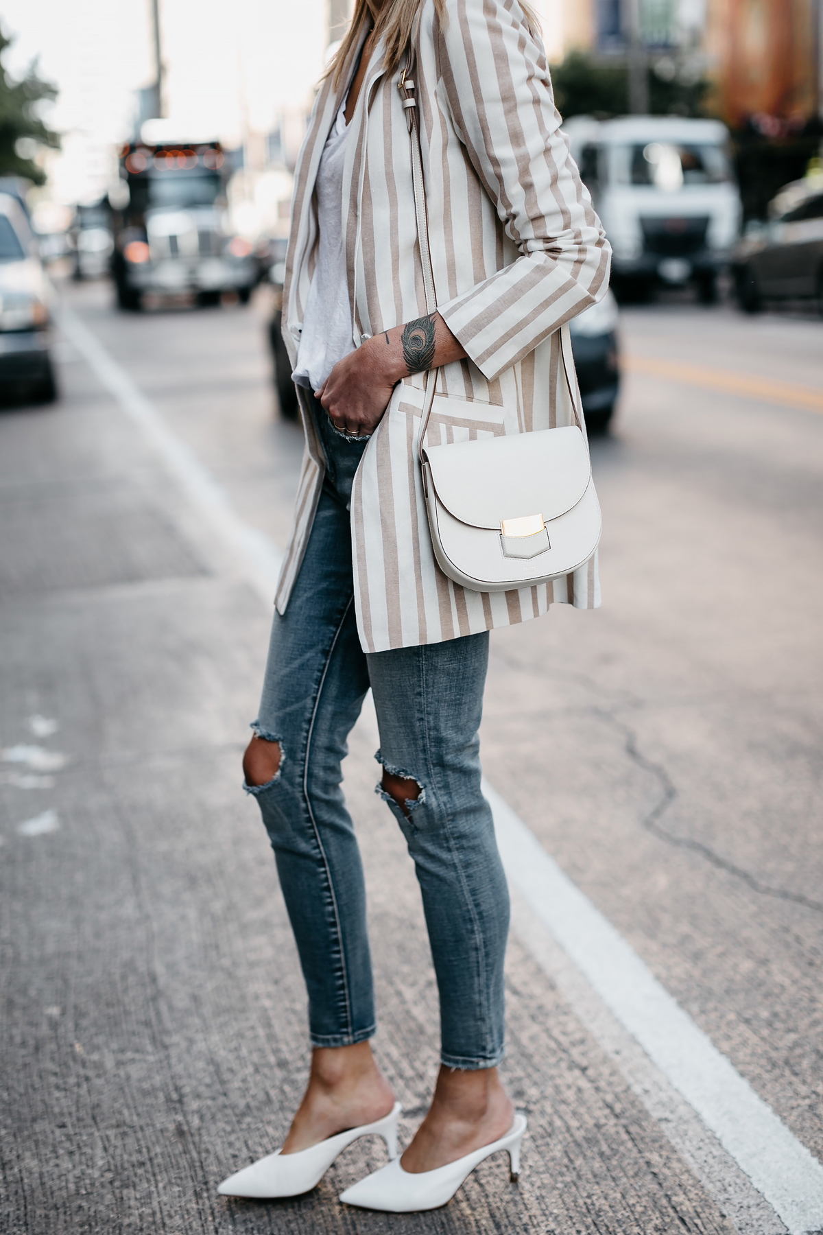 Woman Wearing Tan Striped Blazer White Tshirt Denim Ripped Jeans White Pumps Celine White Trotteur Handbag Fashion Jackson Dallas Blogger Fashion Blogger Street Style
