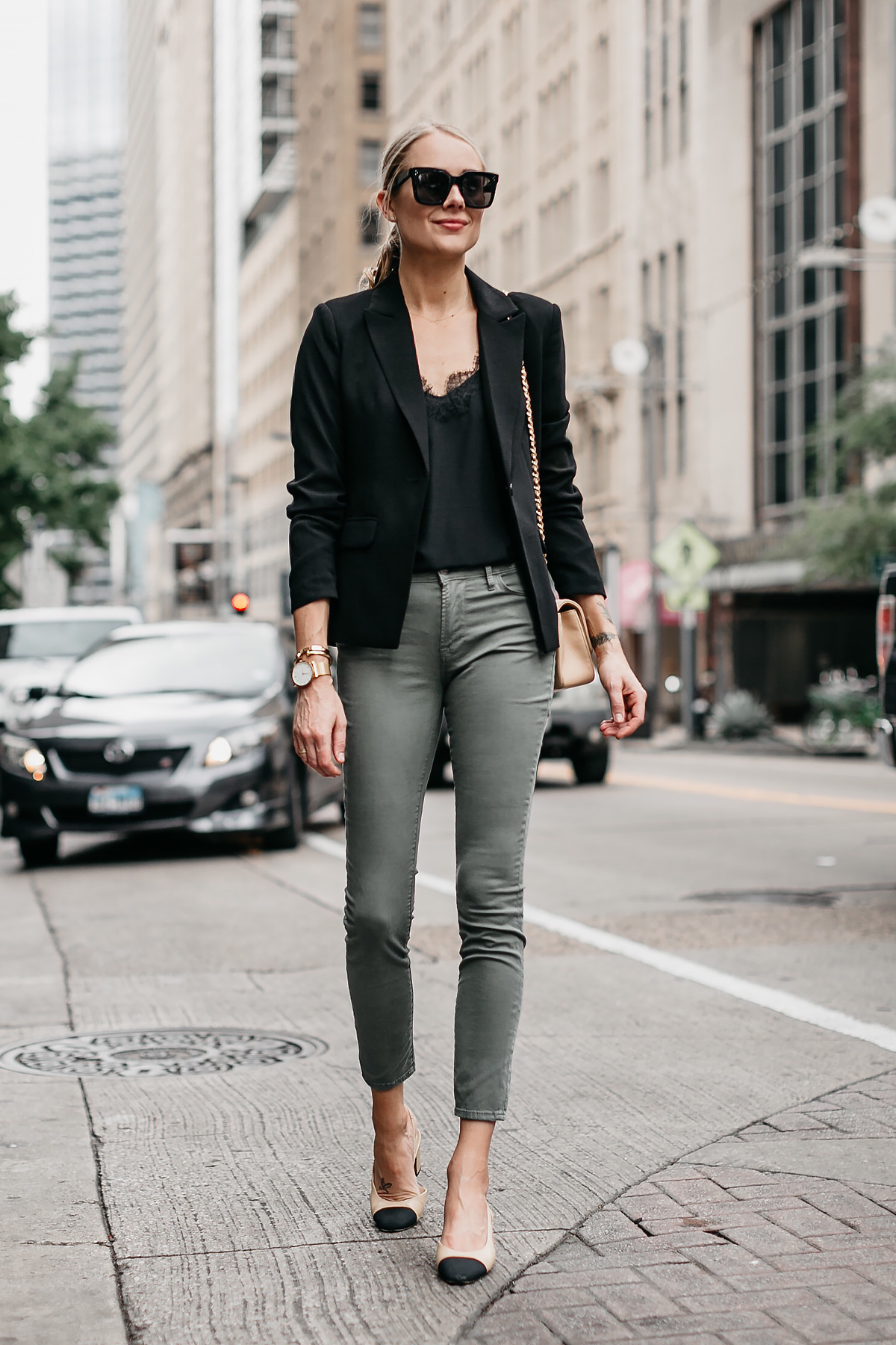 https://fashionjackson.com/wp-content/uploads/2018/06/Fashion-Jackson-Black-Lace-Cami-Black-Blazer-Frame-Olive-Green-Jeans-Chanel-Slingbacks-Chanel-Tan-Handbag-1.jpg