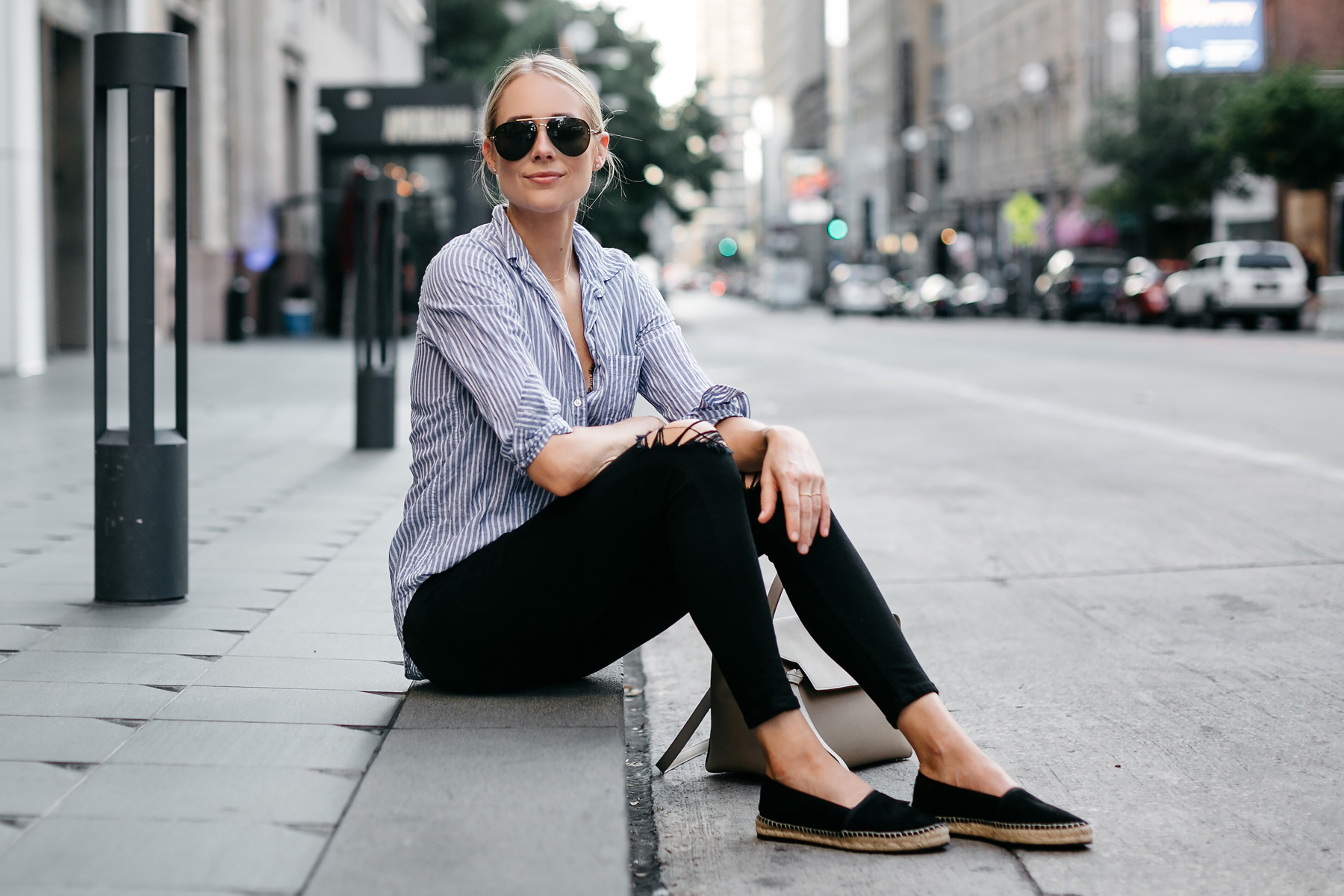 Blonde Woman Wearing Stuart Weitzman Black Espadrilles Blue White Stripe Shirt Black Ripped Skinny Jeans Celine Aviator Sunglasses Fashion Jackson Dallas Blogger Fashion Blogger Street Style