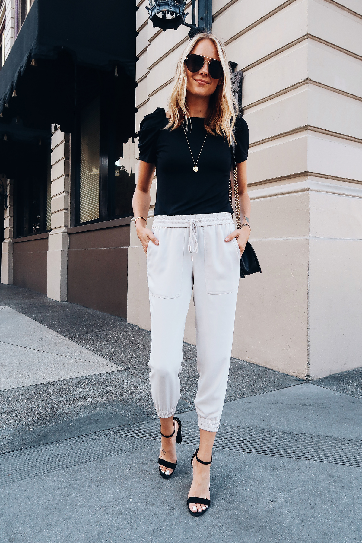 jogger pants with sandals