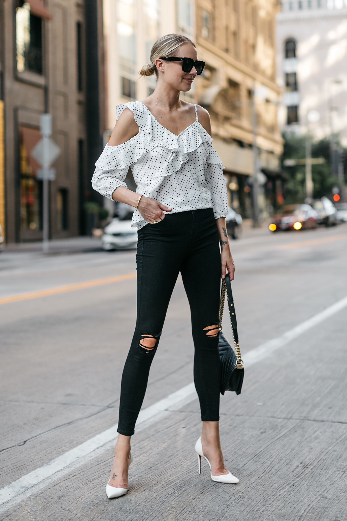 in the style polka dot top