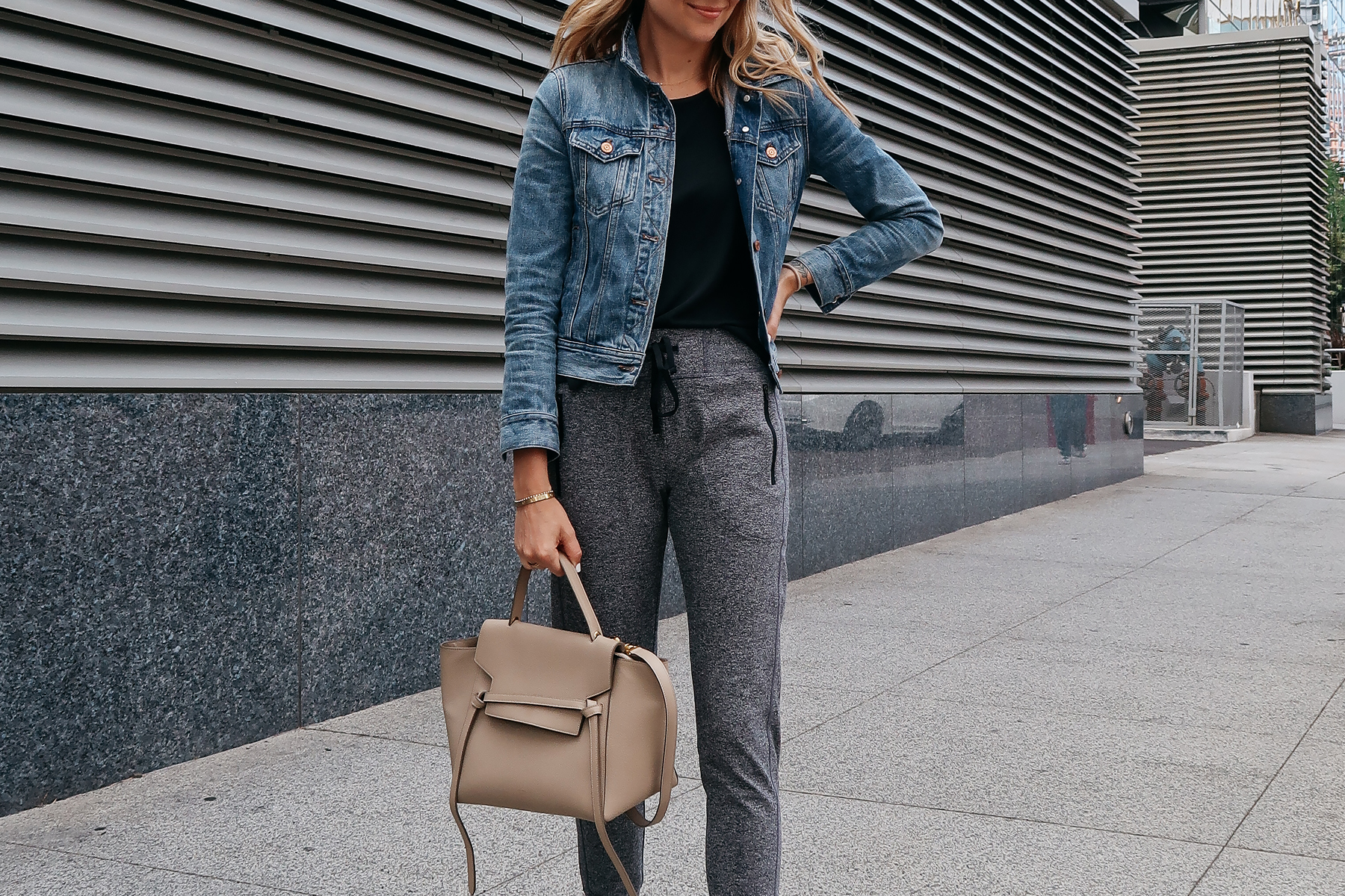 Blonde Woman Wearing Jcrew Denim Jacket Black Tank Nordstrom Anniversary Sale Grey Joggers Celine Mini Belt Bag Fashion Jackson San Diego Blogger Fashion Blogger Street Style