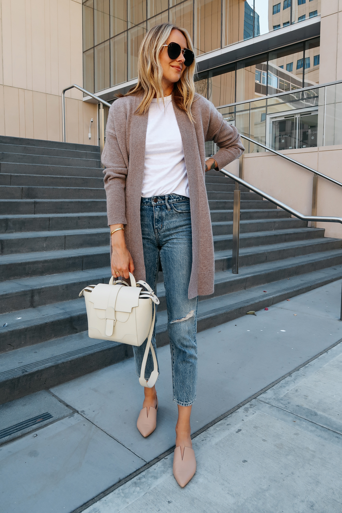 Blonde Woman Wearing Nordstrom Anniversary Sale Halogen Cashmere Cardigan White Tshirt Relaxed Ripped Cropped Jeans Vince Darlington Nude Flats Senreve Mini Maestra Satchel White Aviator Sunglasses Fashion Jackson San Diego Blogger Fashion Blogger Street Style