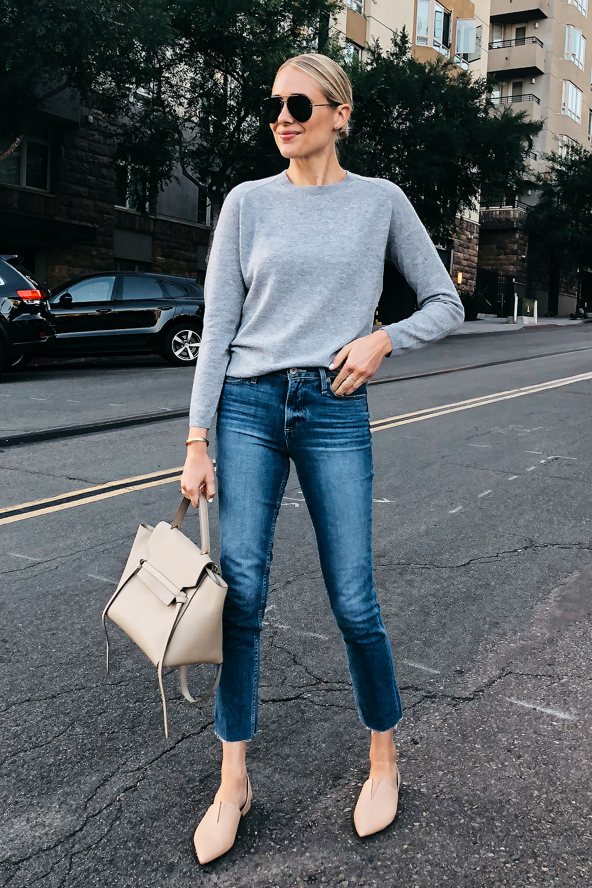 Blonde Woman Wearing Nordstrom Anniversary Sale Vince Grey Sweater Paige Ankle Jeans Vince Nude Flats Celine Belt Bag Celine Aviator Sunglasses Fashion Jackson San Diego Blogger Fashion Blogger Street Style