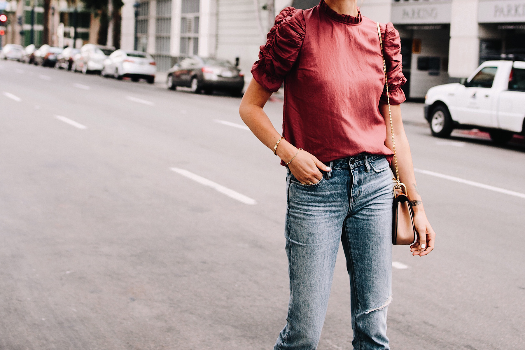 Woman Wearing Nordstrom Rose Puff Sleeve Top Denim Jeans Fashion Jackson San Diego Blogger Fashion Blogger Street Style