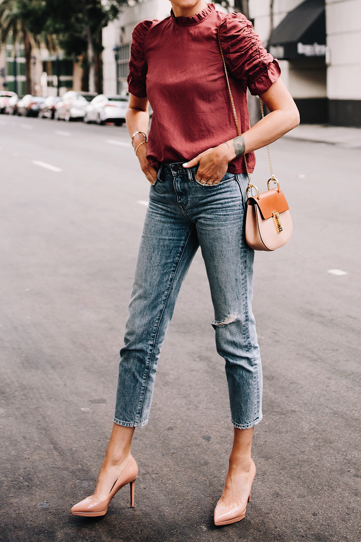 Woman Wearing Nordstrom Rose Puff Sleeve Top Denim Relaxed Ankle Jeans Chloe Drew Handbag Christian Louboutin Nude Pumps Fashion Jackson San Diego Blogger Fashion Blogger Street Style