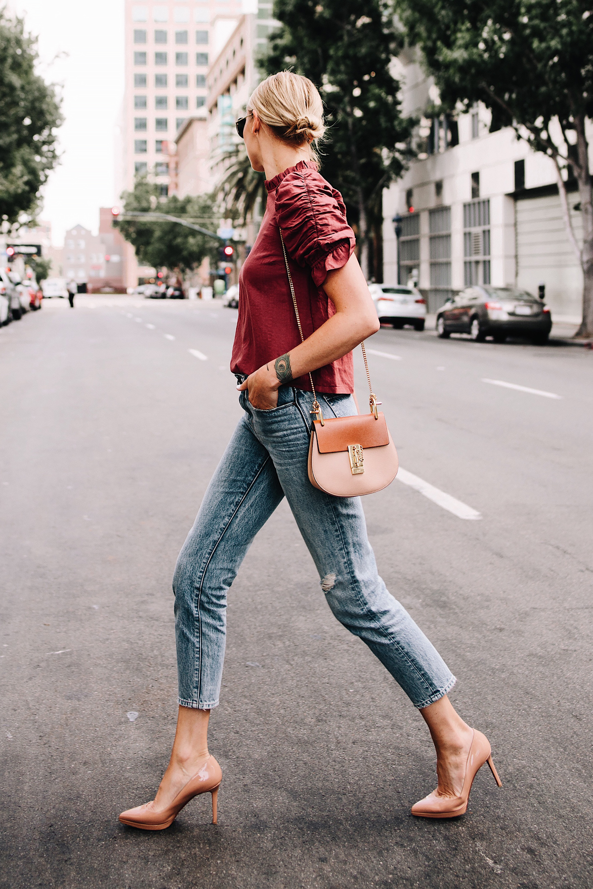 Blonde Woman Wearing Nordstrom Rose Puff Sleeve Top Denim Relaxed Ankle Jeans Chloe Drew Handbag Christian Louboutin Nude Pumps Fashion Jackson San Diego Blogger Fashion Blogger Street Style