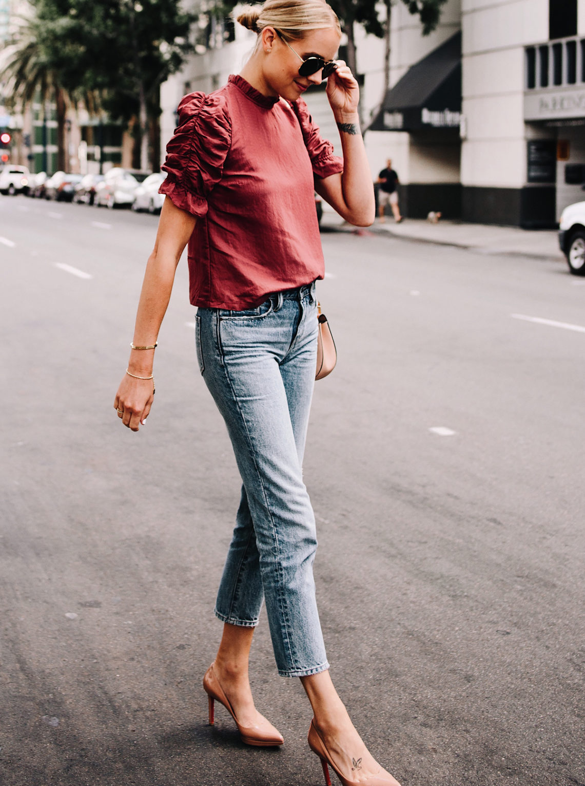 Blonde Woman Wearing Nordstrom Rose Puff Sleeve Top Denim Relaxed Ankle Jeans Christian Louboutin Nude Pumps Celine Aviator Sunglasses Fashion Jackson San Diego Blogger Fashion Blogger Street Style
