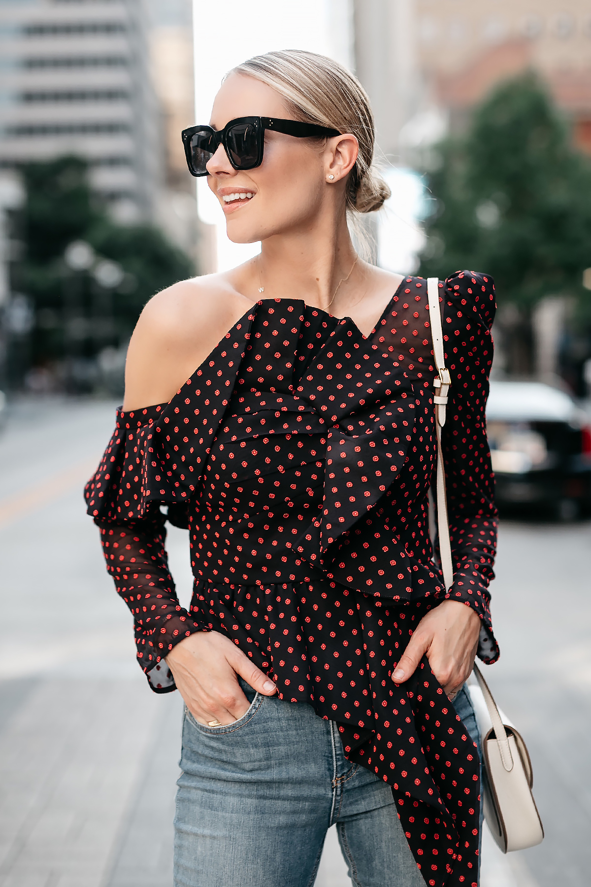 Blonde Woman Wearing Self Portrait One-shoulder Embroidered Top Black Celine Sunglasses Fashion Jackson Dallas Blogger Fashion Blogger Street Style