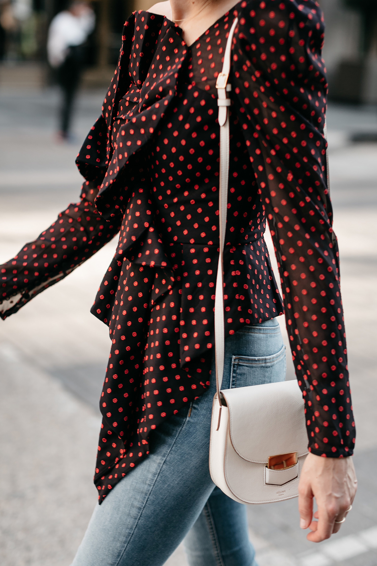 Woman Wearing Self Portrait One-shoulder Embroidered Top Celine White Trotteur Fashion Jackson Dallas Blogger Fashion Blogger Street Style