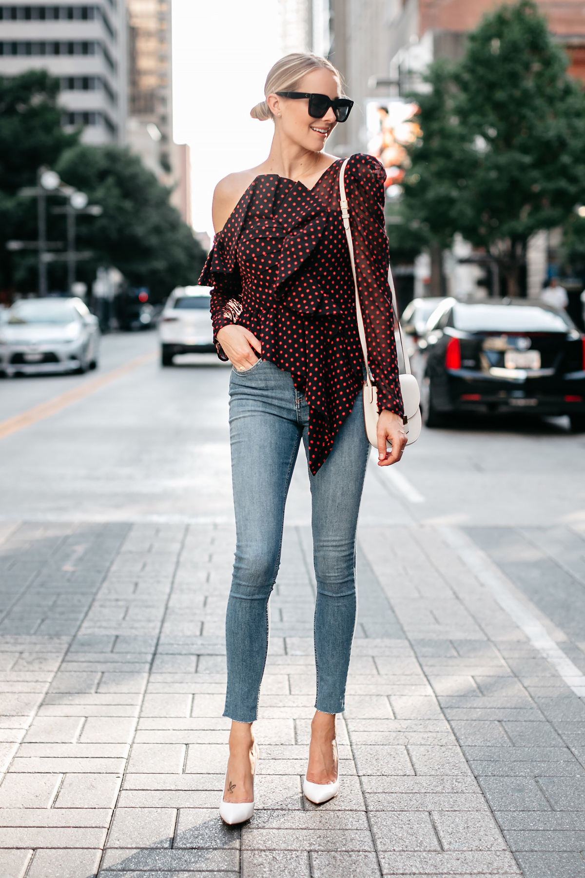Blonde Woman Wearing Self Portrait One-shoulder Embroidered Top rag and bone Denim Skinny Jeans Gianvito Rossi White Slingback Pumps Fashion Jackson Dallas Blogger Fashion Blogger Street Style