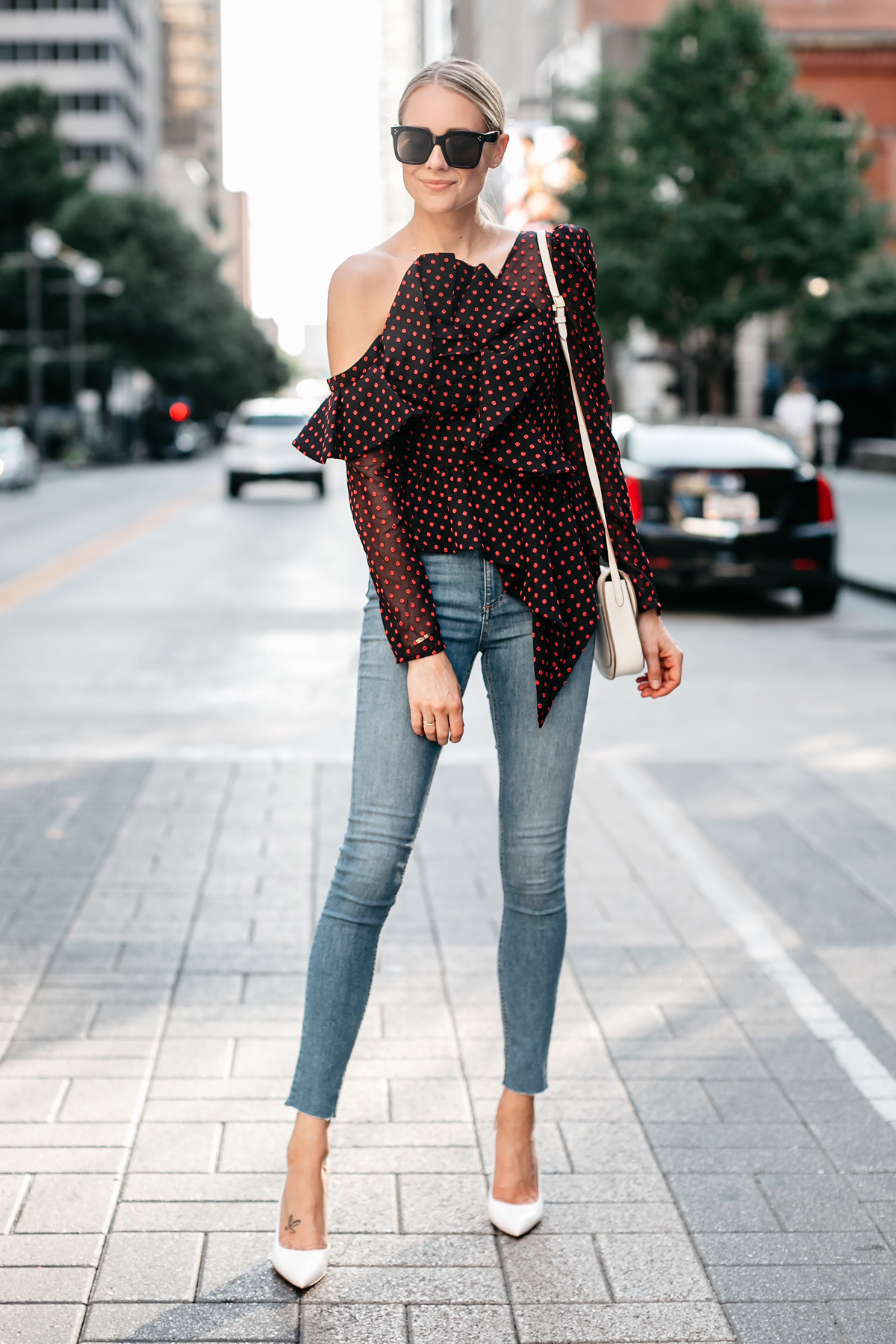 Blonde Woman Wearing Self Portrait One-shoulder Embroidered Top rag and bone Denim Skinny Jeans Gianvito Rossi White Slingback Pumps Fashion Jackson Dallas Blogger Fashion Blogger Street Style