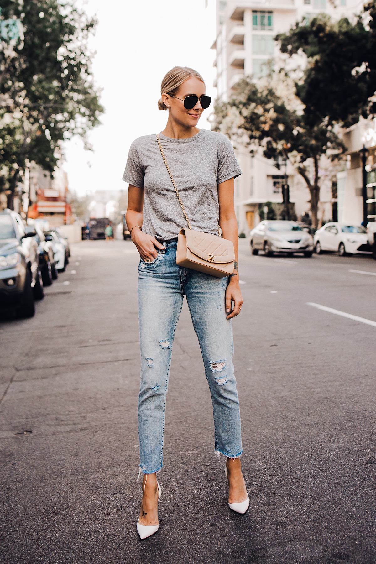 Blonde Woman Wearing Topshop Grey Tshirt Blanknyc Ripped Jeans Christian Louboutin White Pumps Chanel Quilted Tan Handbag Celine Aviator Sunglasses Fashion Jackson San Diego Blogger Fashion Blogger Street Style