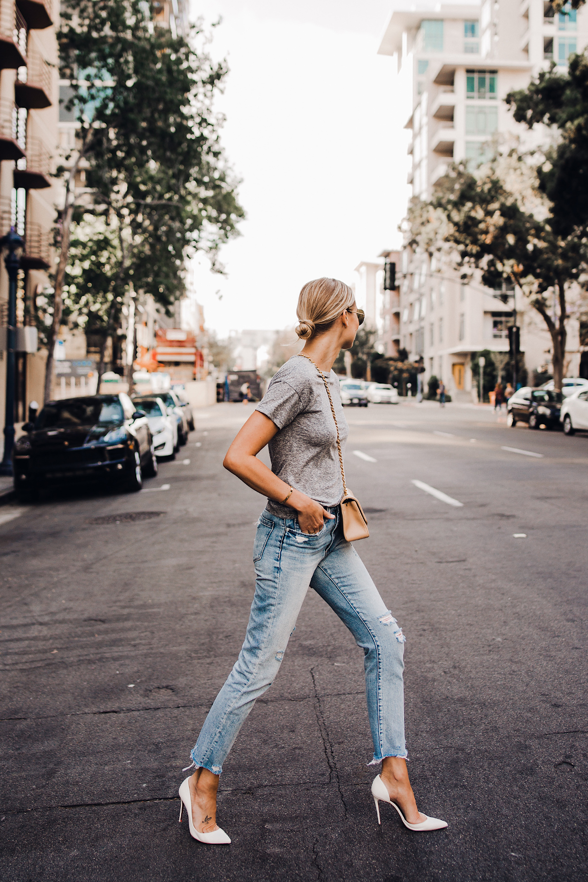 Blonde Woman Wearing Topshop Grey Tshirt Blanknyc Ripped Jeans Christian Louboutin White Pumps Fashion Jackson San Diego Blogger Fashion Blogger Street Style