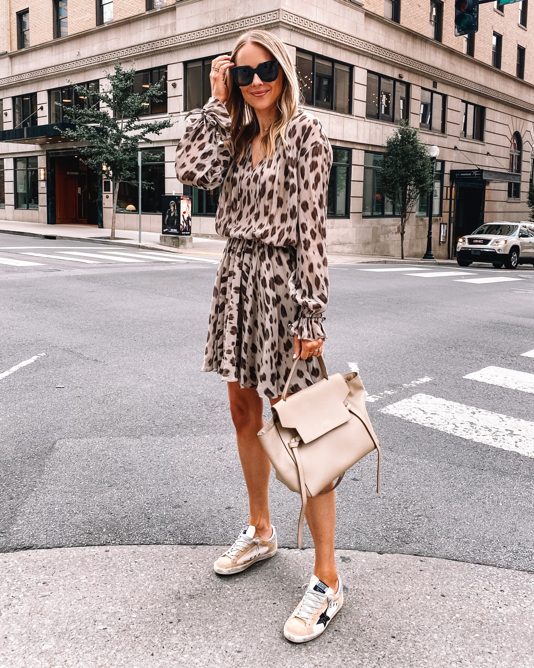 casual dress and sneakers