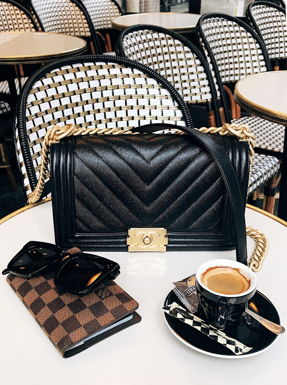 Paris Cafe Chanel Boy Bag Black Chevron Celine Sunglasses Louis Vuitton Passport Holder