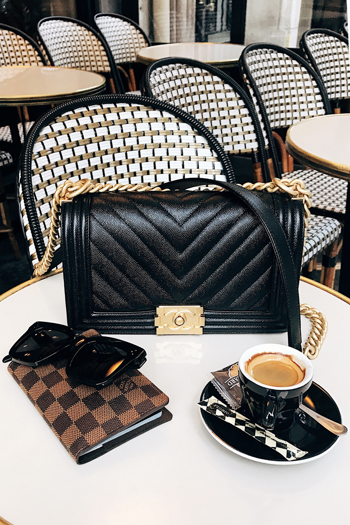 Paris Cafe Chanel Boy Bag Black Chevron Celine Sunglasses Louis Vuitton Passport Holder