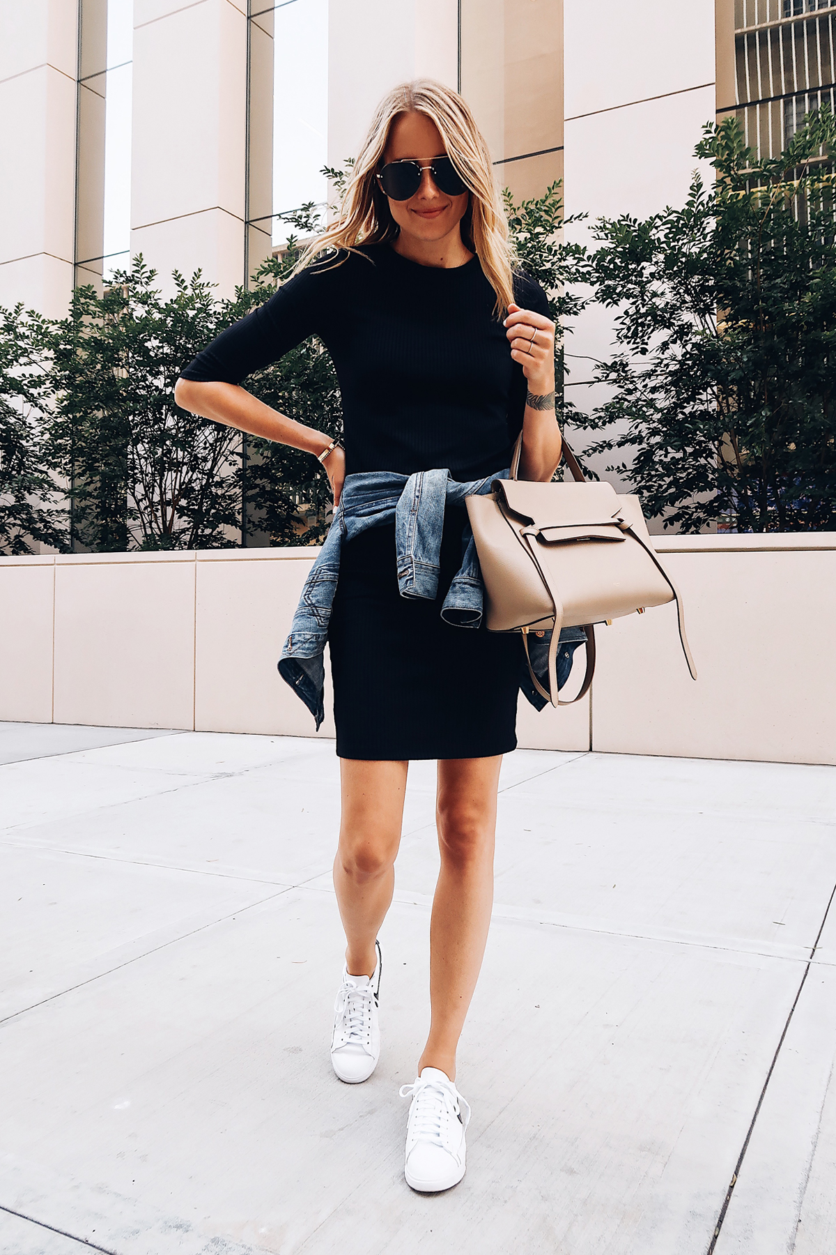 Blonde Woman Wearing Little Black Dress Denim jacket White Nike Sneakers Celine Mini Belt Bag Fashion Jackson San Diego Blogger Fashion Blogger Street Style