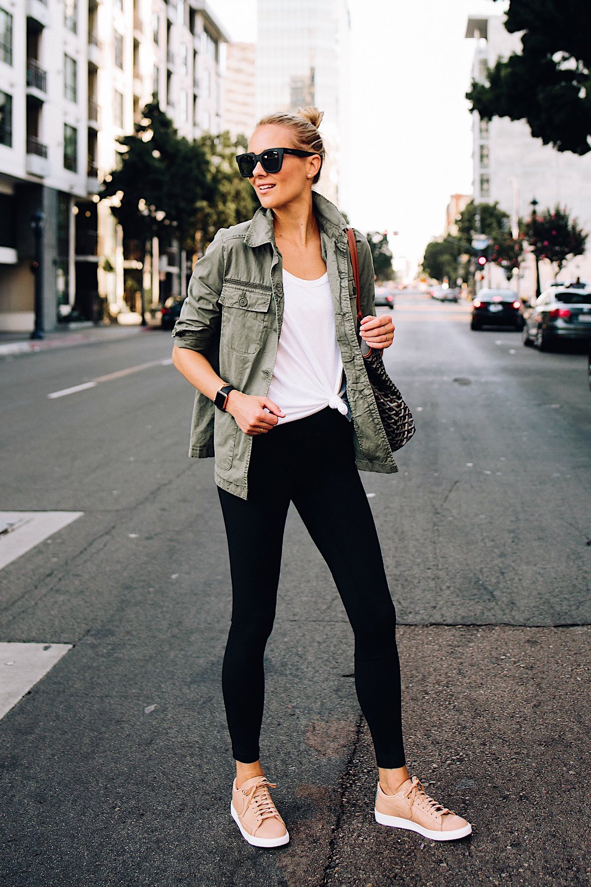 Blonde Woman Wearing Nordstrom Green Utility Jacket White Tshirt Black Leggings Nike Sneakers Beige Fashion Jackson San Diego Fashion Blogger Street Style