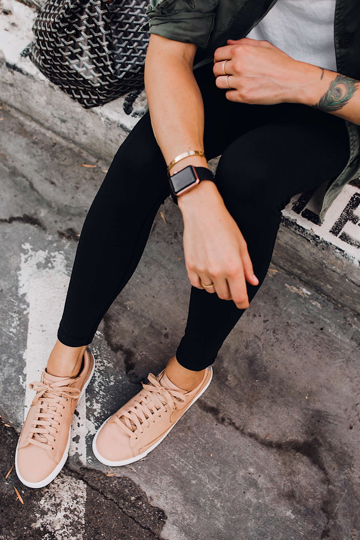 Woman Wearing Nordstrom Nike Blazer Low Top Sneaker Beige Black Leggings Goyard Tote Apple Watch Fashion Jackson San Diego Fashion Blogger Street Style