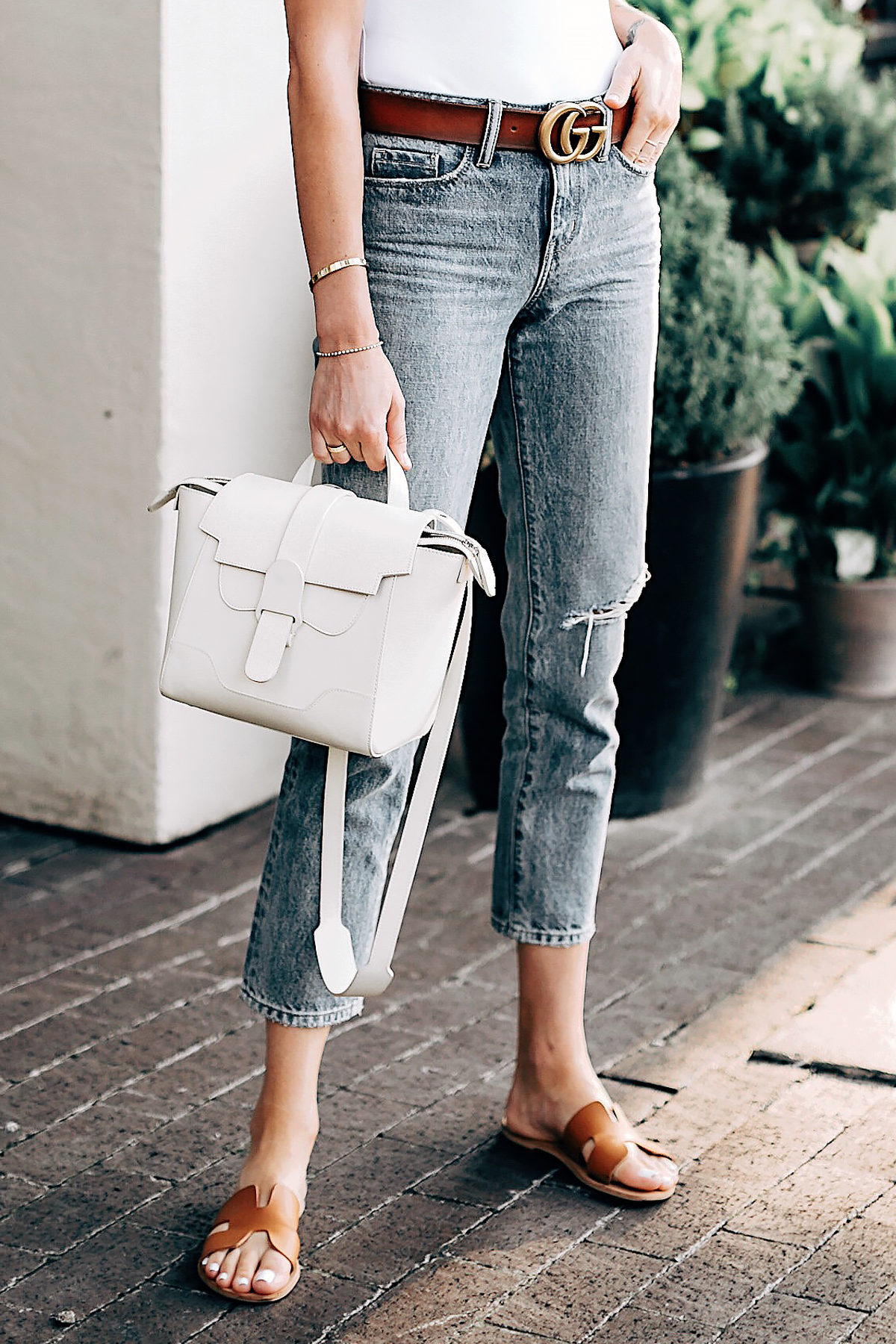 Woman Wearing Senreve Mini Maestra Cream Nordstrom Cropped Ripped Jeans Gucci Brown Leather Double G Belt Steven Greece Slides Fashion Jackson San Diego Fashion Blogger Street Style