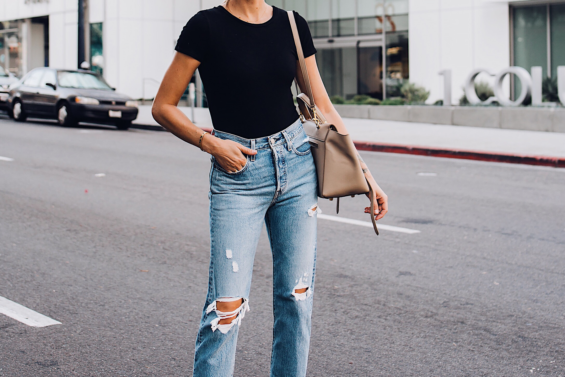 Woman Wearing Short Sleeve Black Bodysuit Levis Wedgie Straight Leg Ripped Jeans Fashion Jackson San Diego Fashion Blogger Street Style