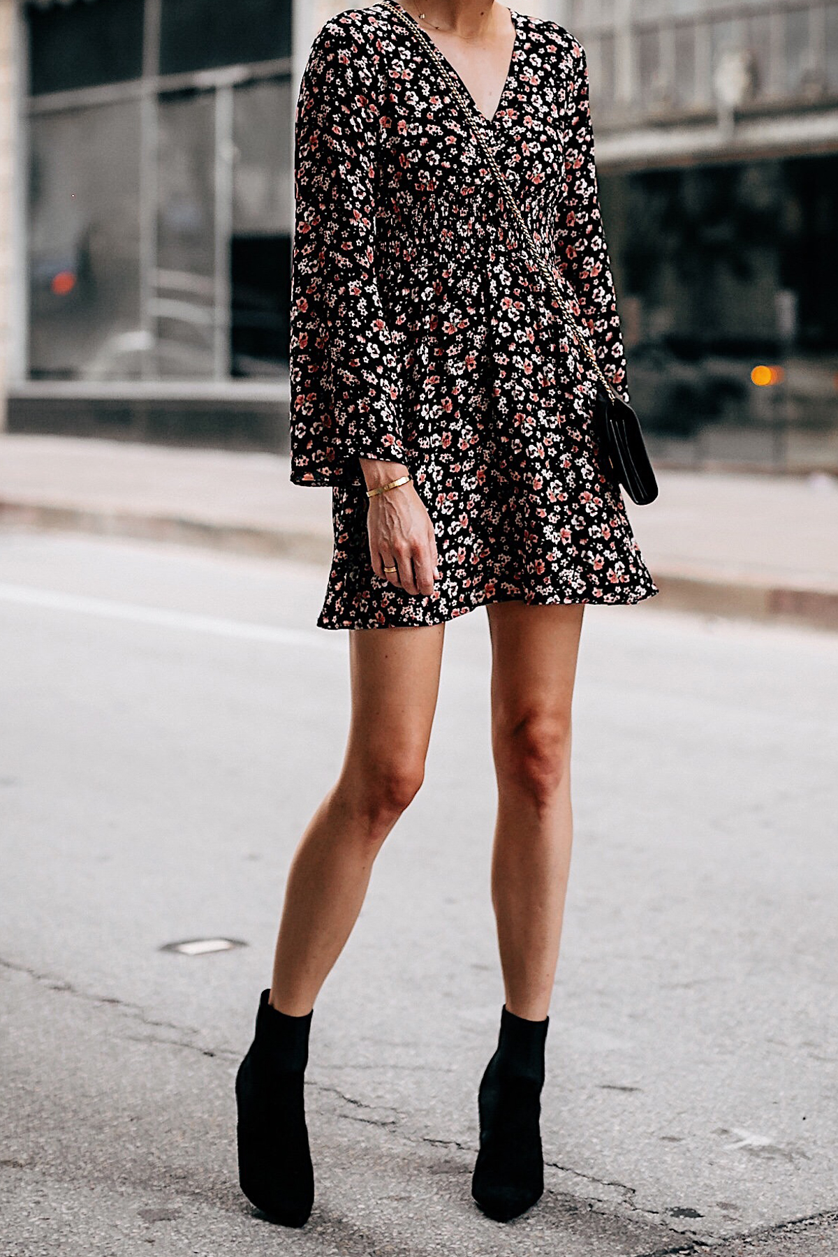 Woman Wearing Black Floral Long Sleeve Mini Dress Black Heeled Ankle Booties Fashion Jackson San Diego Fashion Blogger Street Style