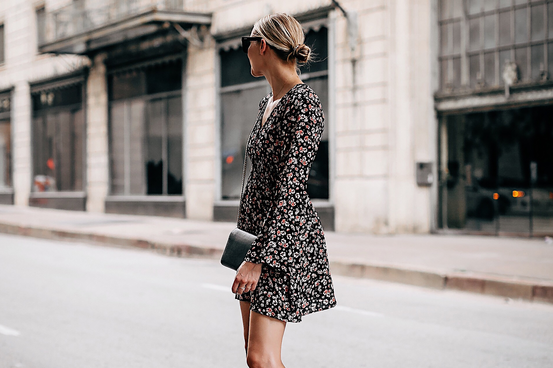 Blonde Woman Wearing Black Floral Long Sleeve Mini Dress Gold Chain Black Crossbody Handbag Fashion Jackson San Diego Fashion Blogger Street Style