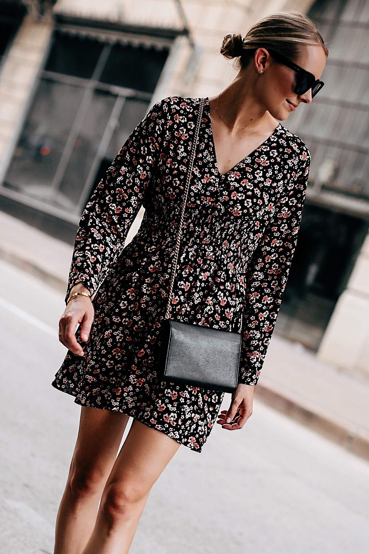 Blonde Woman Wearing Black Floral Long Sleeve Mini Dress Gold Chain Black Crossbody Handbag Black Sunglasses Fashion Jackson San Diego Fashion Blogger Street Style