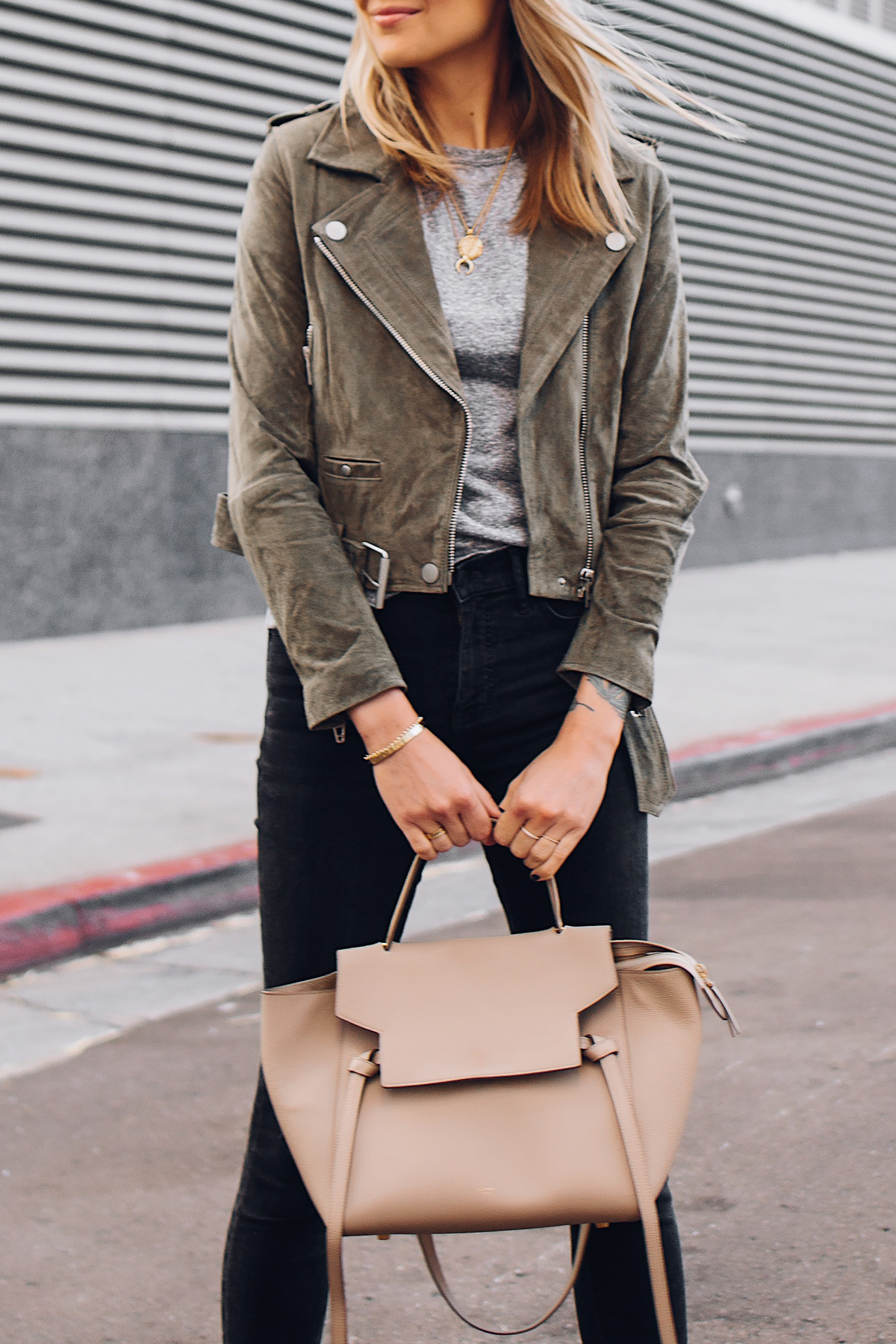 Blonde Woman Wearing Blanknyc Green Suede Moto Jacket Grey Tshirt Black Ripped Skinny Jeans Celine Mini Belt Bag Fashion Jackson San Diego Fashion Blogger Street Style