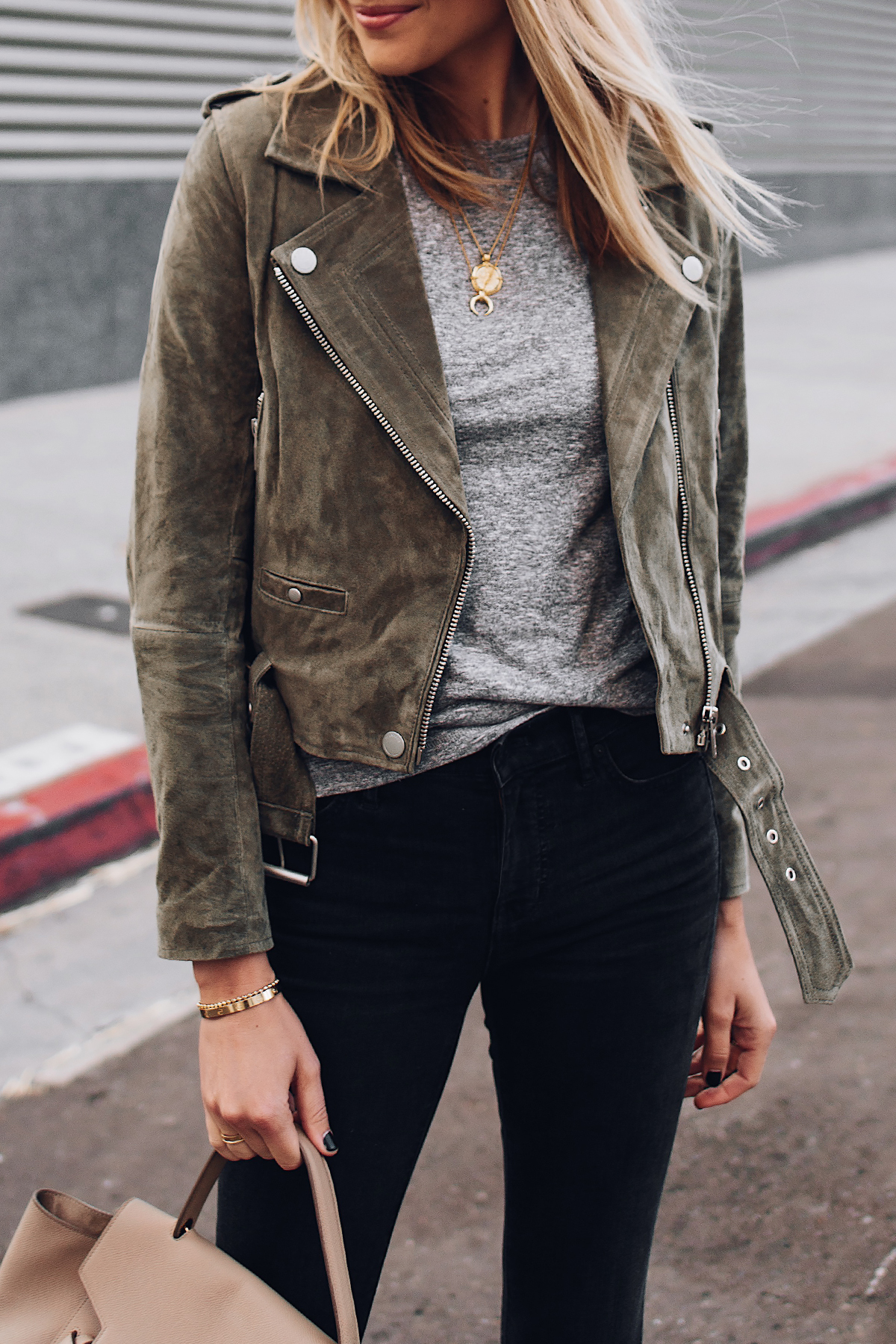 Blonde Woman Wearing Blanknyc Green Suede Moto Jacket Grey Tshirt Black Ripped Skinny Jeans Fashion Jackson San Diego Fashion Blogger Street Style