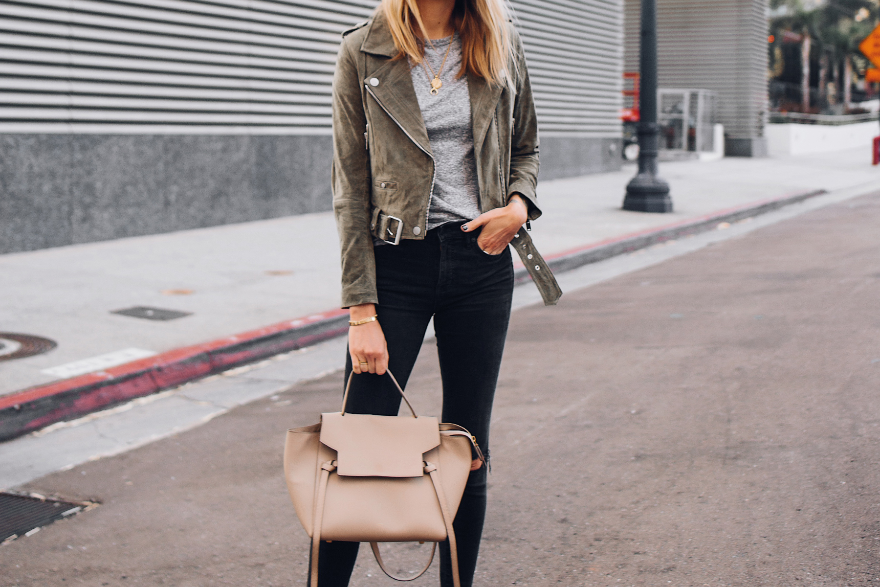 Blonde Woman Wearing Blanknyc Green Suede Moto Jacket Grey Tshirt Black Skinny Jeans Celine Mini Belt Bag Fashion Jackson San Diego Fashion Blogger Street Style