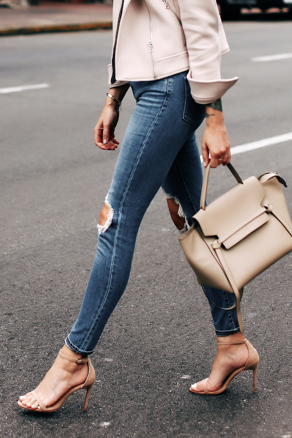 Woman Wearing Blush Moto Jacket Levis 721 Ripped Jeans Celine Mini Belt Bag Taupe Nude Ankle Strap Heels Fashion Jackson San Diego Fashion Blogger Street Style