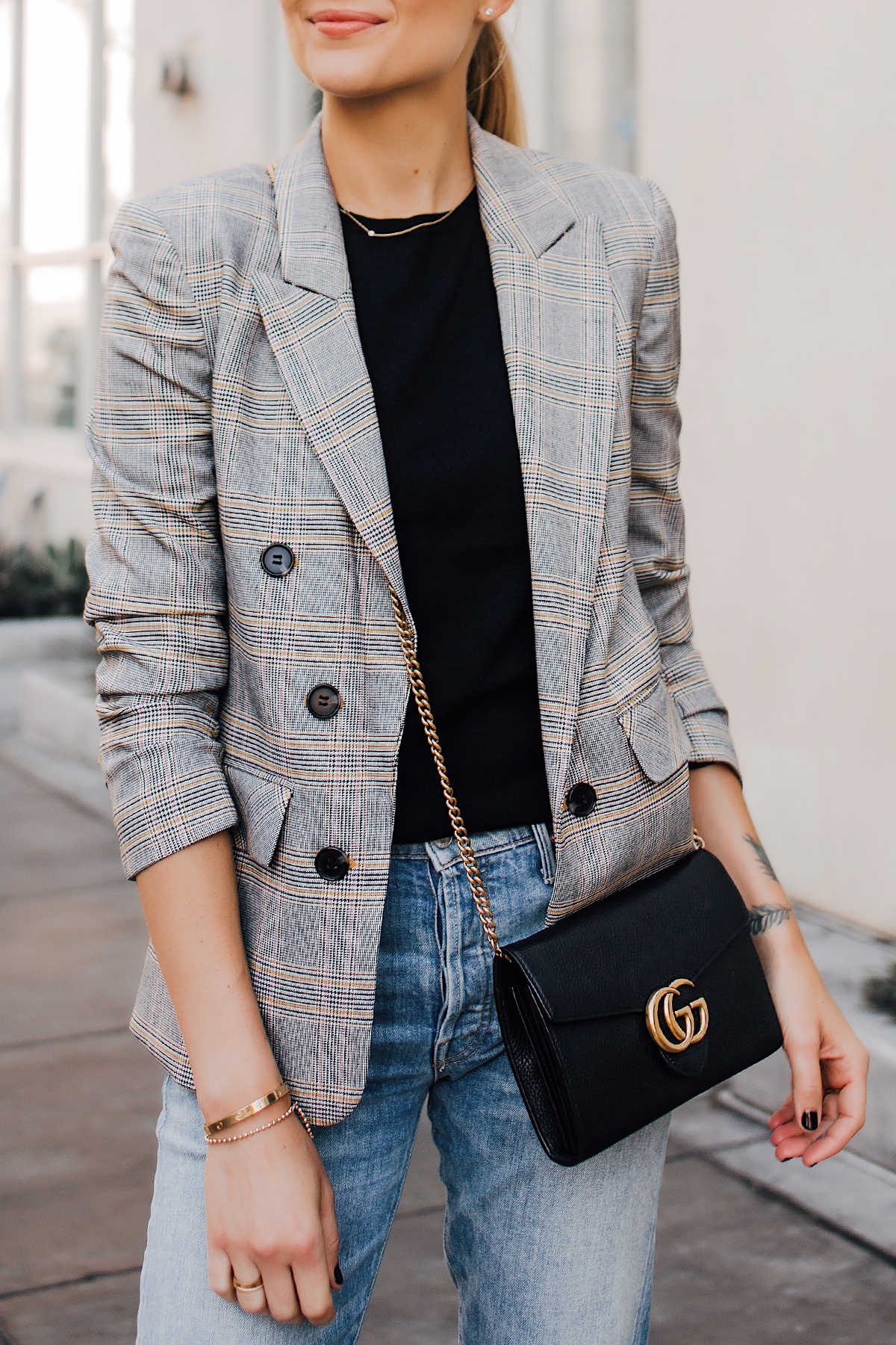 Woman Wearing Plaid Blazer Outfit Jeans Gucci Black Handbag Fashion Jackson San Diego Fashion Blogger Street Style