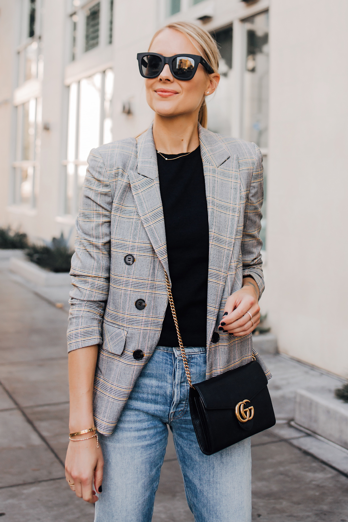 Blonde Woman Wearing Plaid Blazer Outfit Jeans Gucci Black Handbag Fashion Jackson San Diego Fashion Blogger Street Style