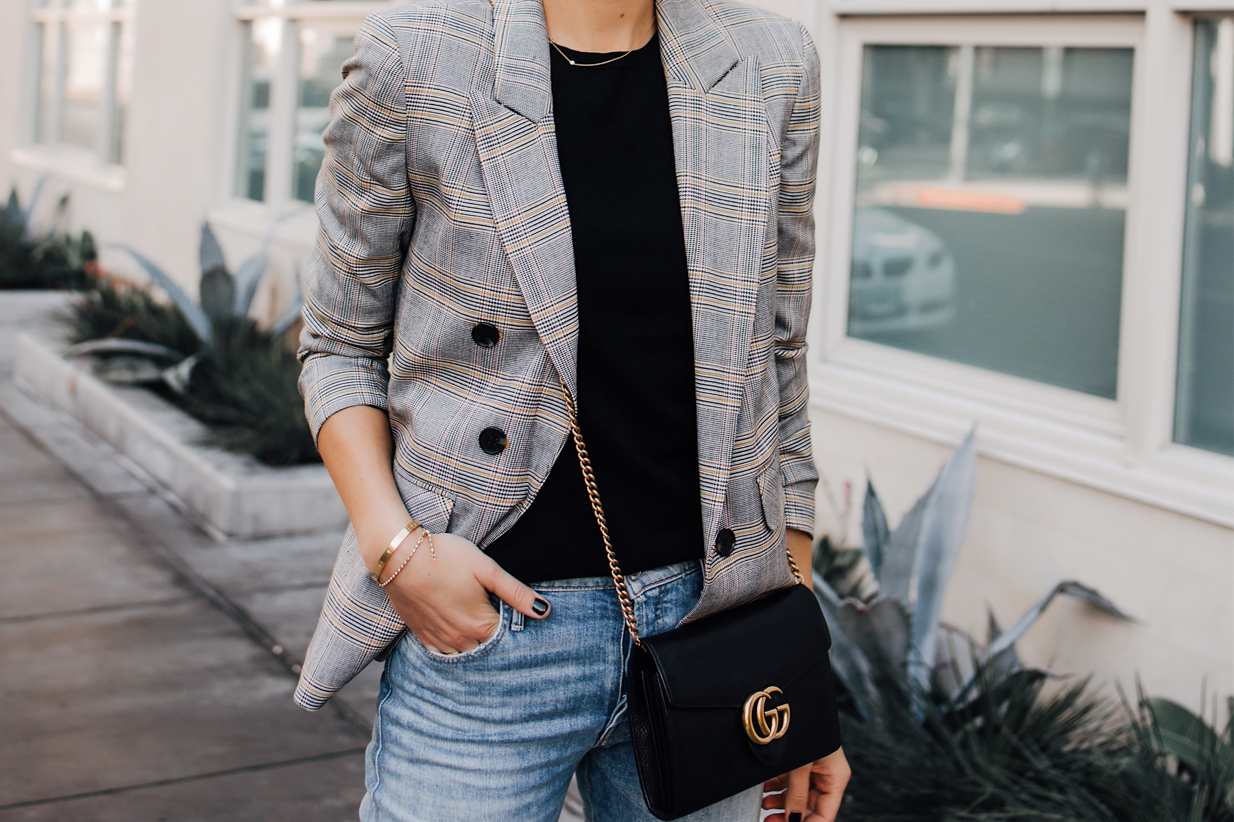 Woman Wearing Plaid Blazer Outfit Jeans Gucci Black Handbag Fashion Jackson San Diego Fashion Blogger Street Style