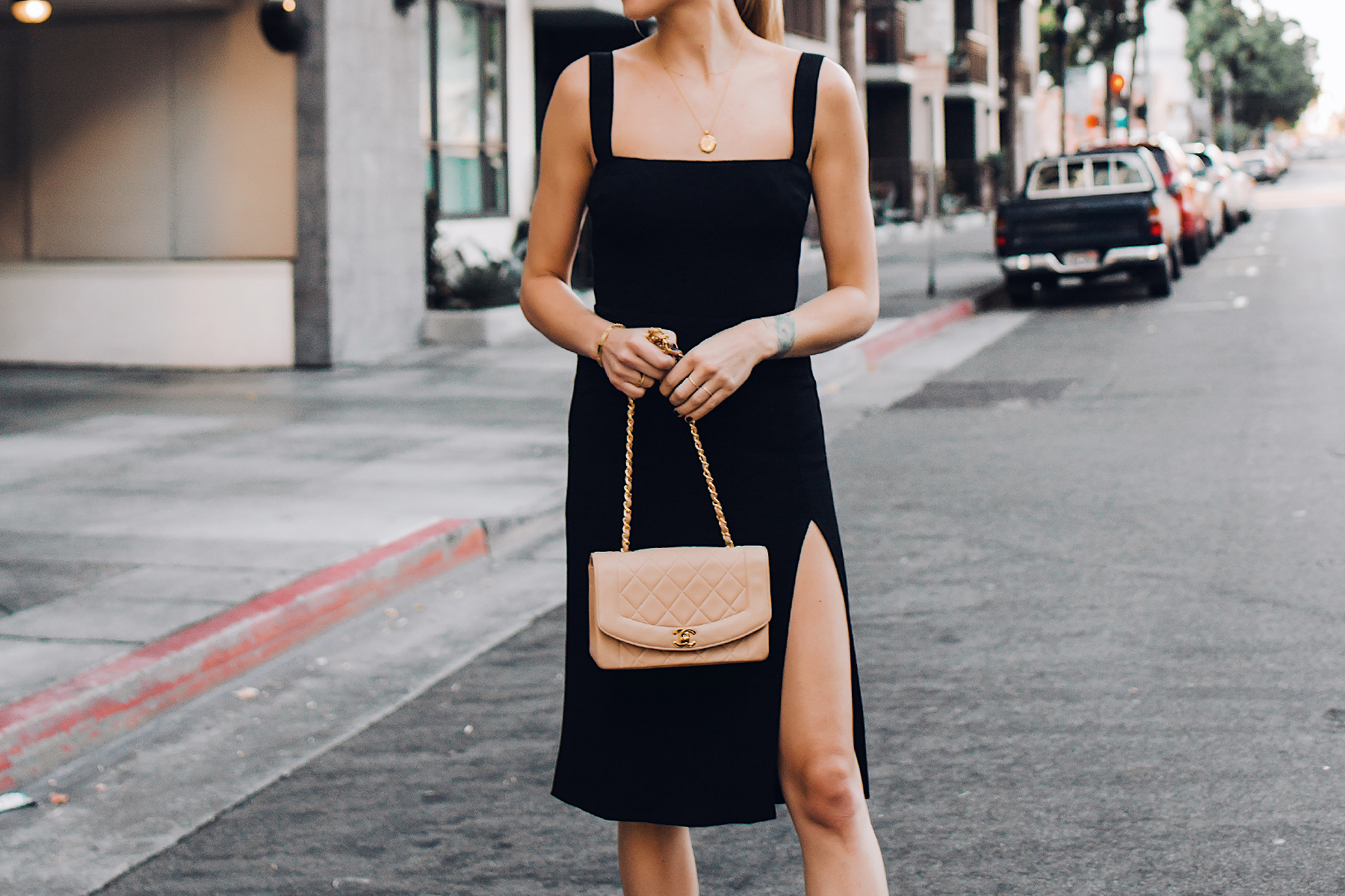 Woman Wearing Reformation Black Dress Chanel Tan Diana Handbag Fashion Jackson San Diego Fashion Blogger Street Style