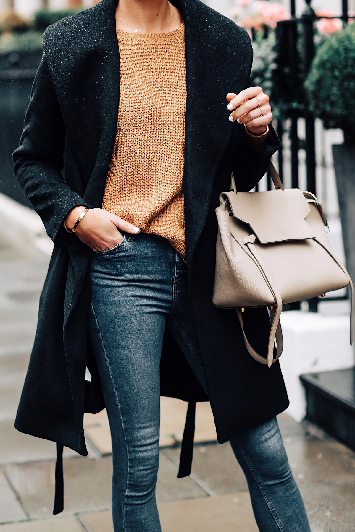 Woman Wearing Ann Taylor Black Wrap Coat Camel Sweater Denim Skinny Jeans Outfit Celine Mini Belt Bag Fashion Jackson San Diego Fashion Blogger London Street Style