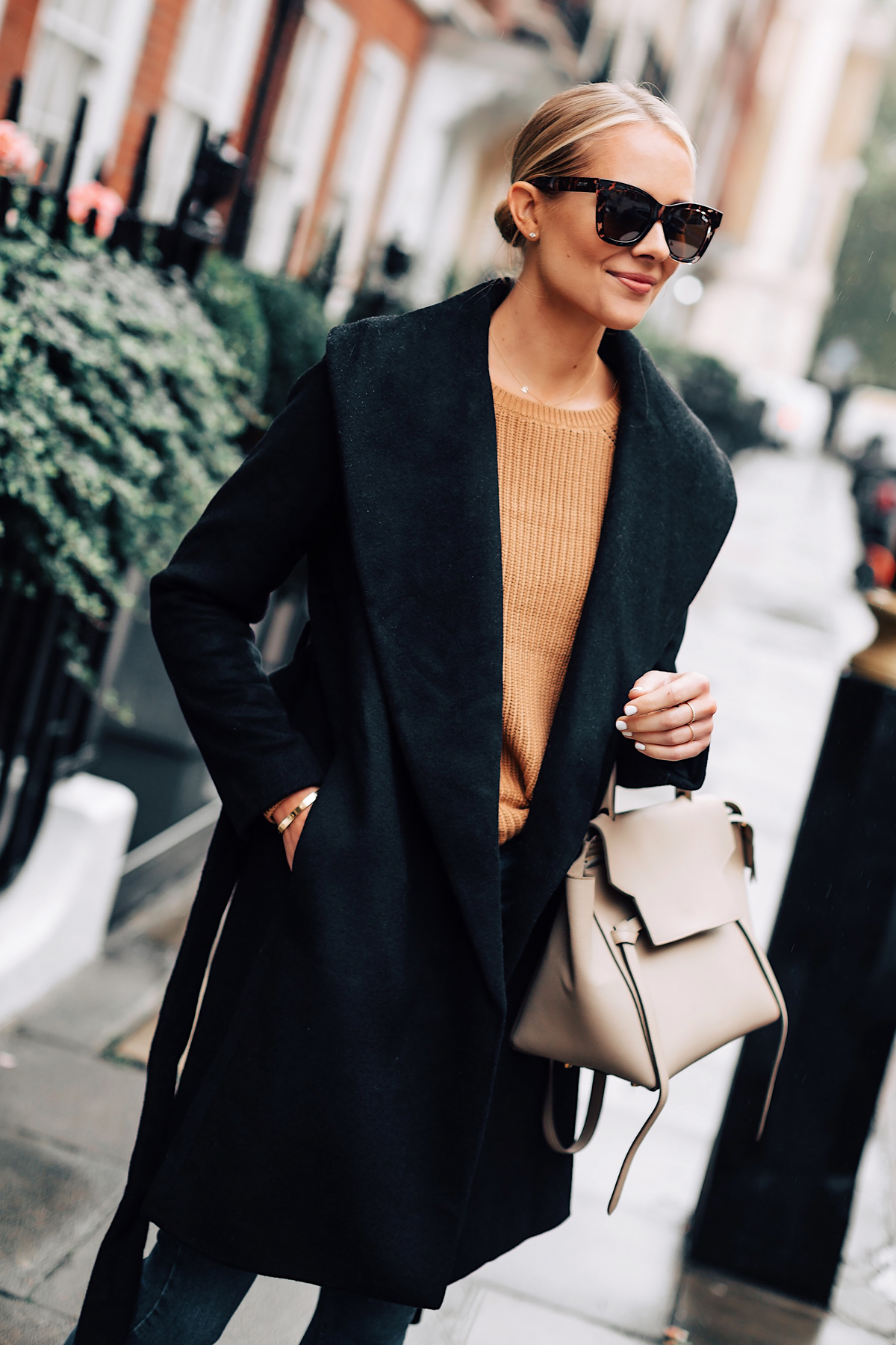 Blonde Woman Wearing Ann Taylor Black Wrap Coat Camel Sweater Outfit Celine Mini Belt Bag Fashion Jackson San Diego Fashion Blogger London Street Style