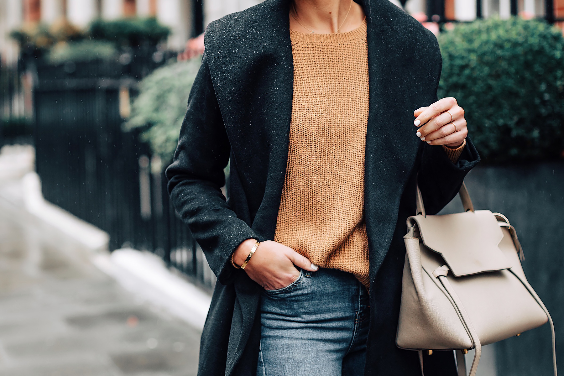 Woman Wearing Ann Taylor Black Wrap Coat Camel Sweater Outfit Celine Mini Belt Bag Fashion Jackson San Diego Fashion Blogger London Street Style