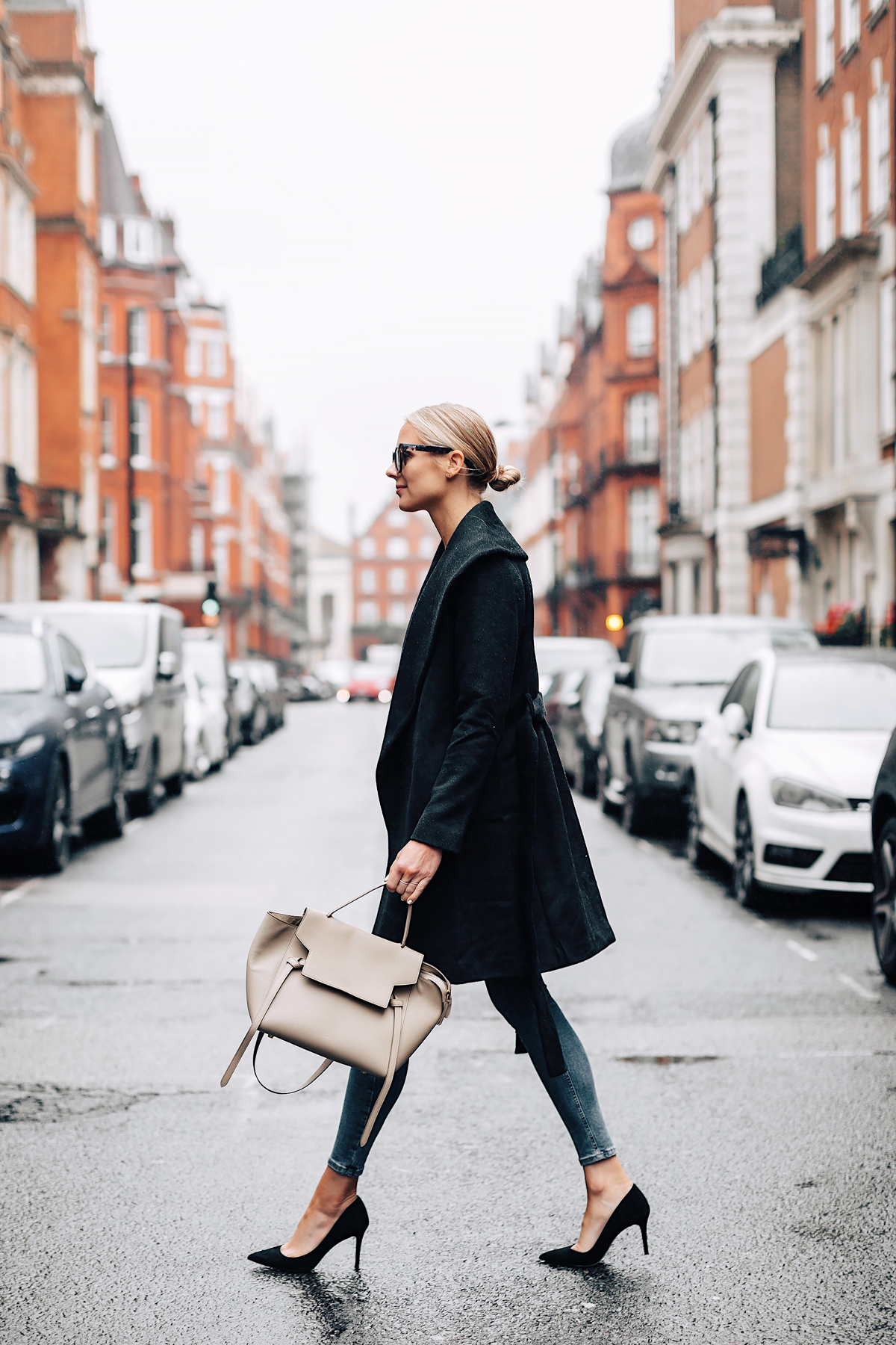 Blonde Woman Wearing Ann Taylor Black Wrap Coat Denim Skinny Jeans Outfit Black Pumps Celine Mini Belt Bag Fashion Jackson San Diego Fashion Blogger London Street Style