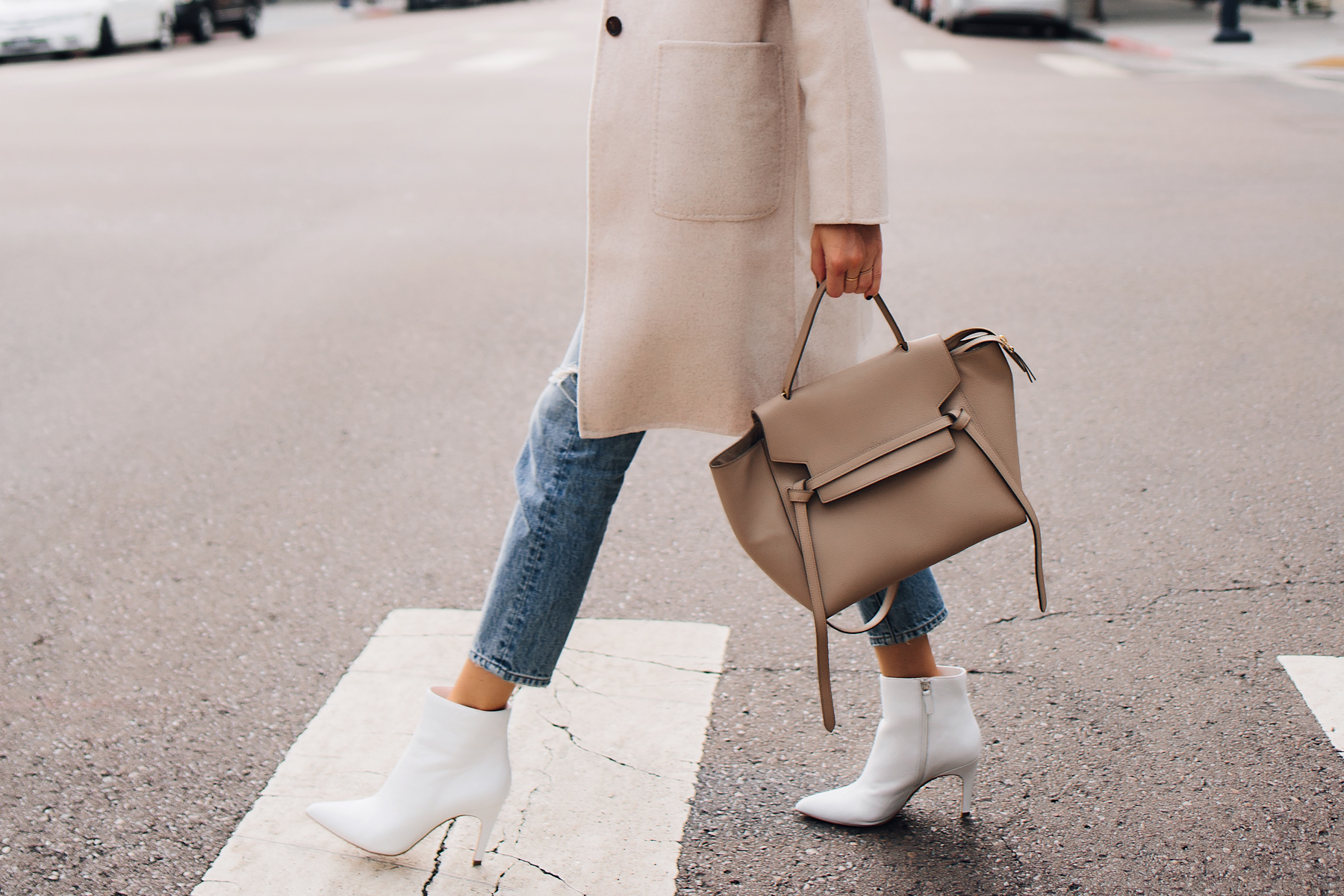 Woman Wearing Beige Wool Coat Ankle Jeans White Heeled Ankle Booties Outfit Celine Mini Belt Bag Taupe Fashion Jackson San Diego Fashion Blogger Street Style