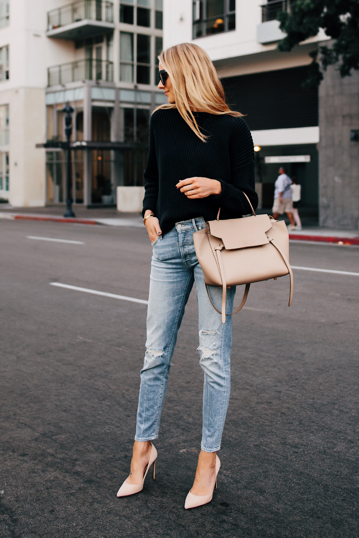 Blonde Woman Wearing Black Chunky Sweater Mother Denim Ripped Jeans Nude Pumps Celine Mini Belt Bag Taupe Fashion Jackson San Diego Fashion Blogger Street Style