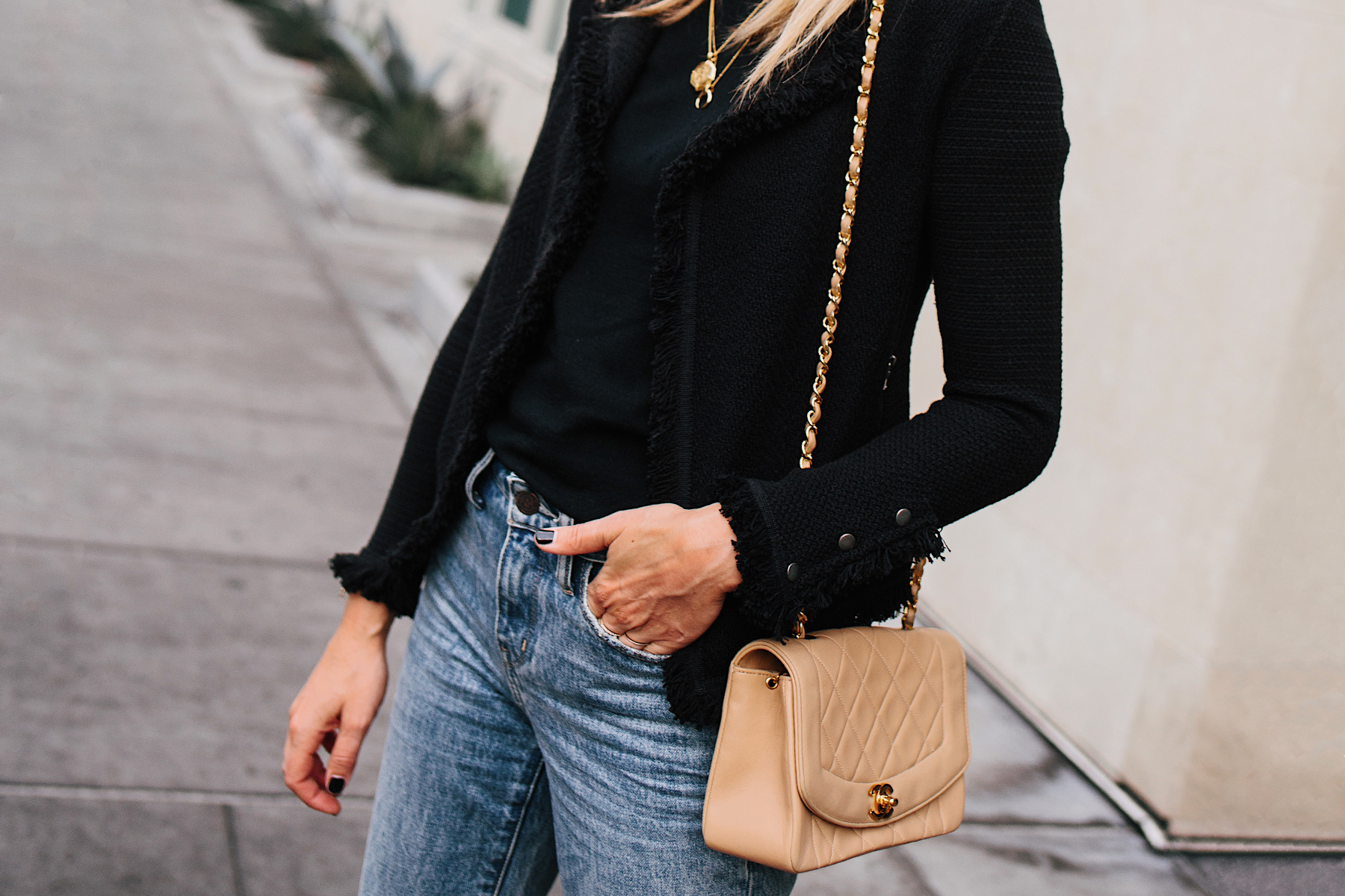 Woman Wearing Black Tweed Jacket Jeans Outfit Chanel Tan Diana Handbag Fashion Jackson San Diego Fashion Blogger Street Style